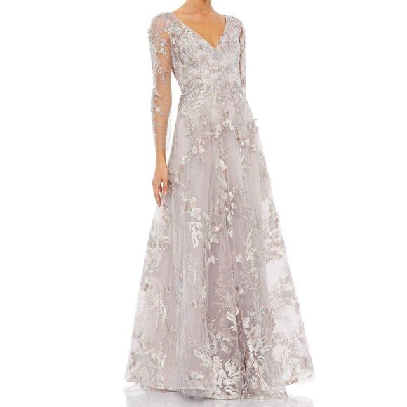 Mac‎ Duggal Size 8 Pastel Light Purple Floral Long Sleeve A-Line Maxi Dress Gown - Picture 3 of 8